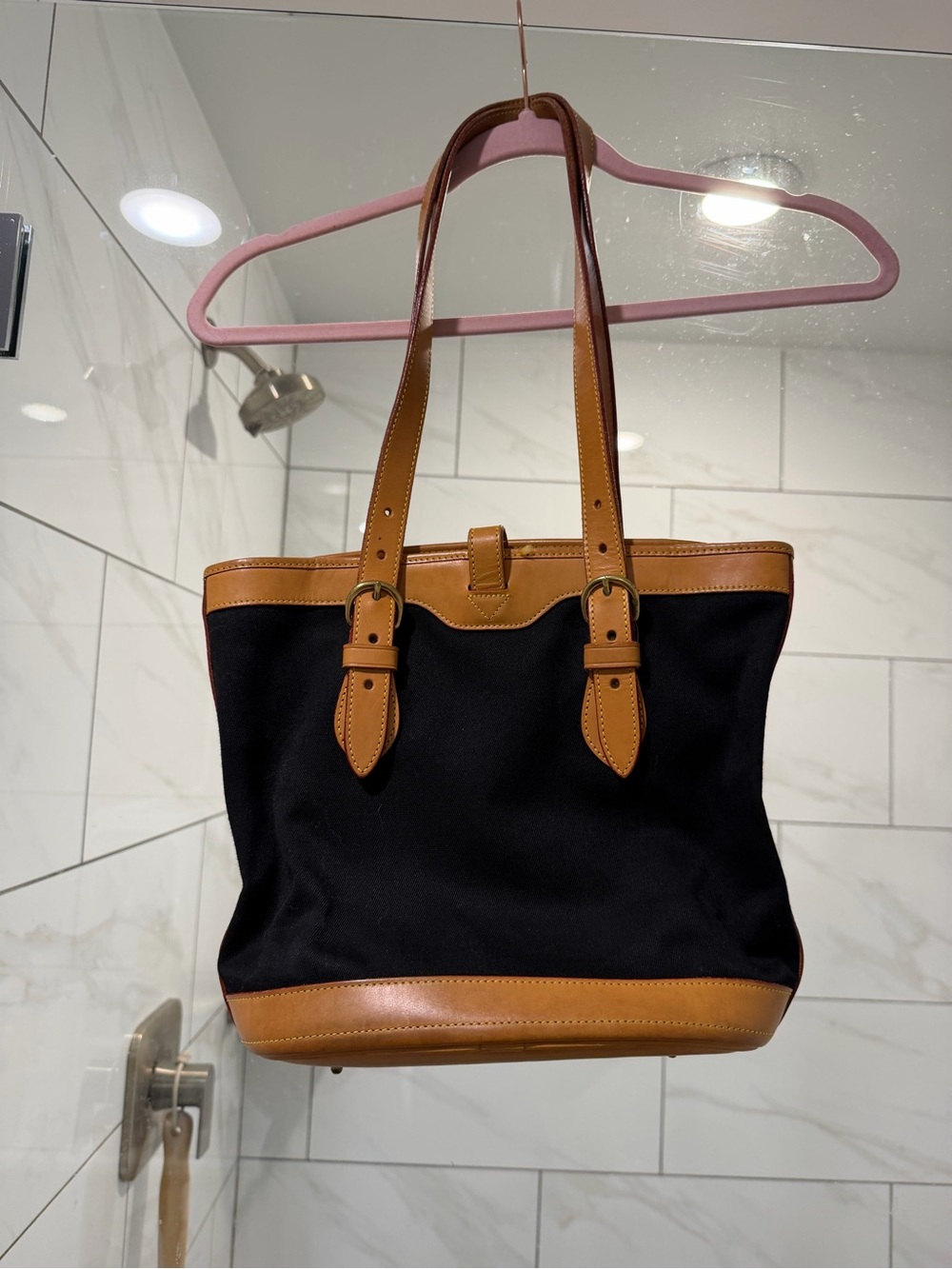 Dooney & Bourke Black Canvas Tote with Cognac Leather Trim